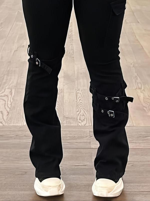 【Plus Size】 Solid Color Buckle Decor Stretchy Jeans, Casual Comfy Denim Pants for Daily Wear, Women's Bottoms for All Seasons