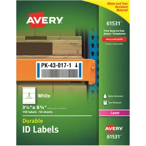 Avery Products Corporation 61531 Durable True Block Technology Laser ID Barcode Labels, 0.75x7.62 in White, Easy to Customize, Extra-Strong Adhesive, Free Easy-to-Use Avery Templates - 150-Pack