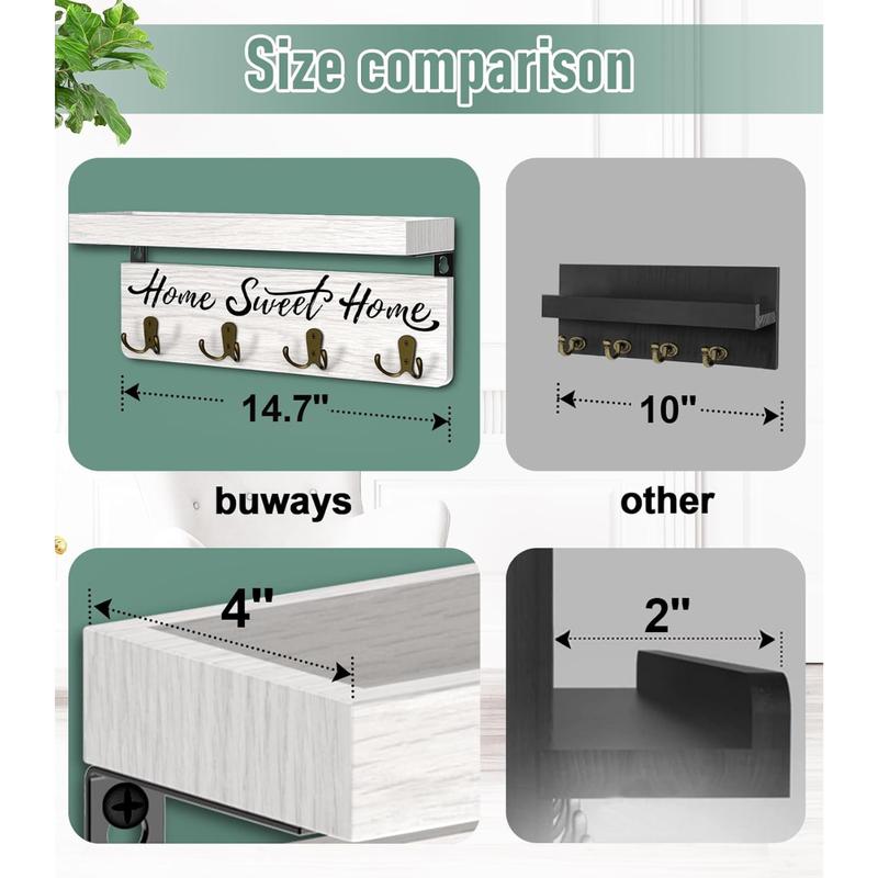 Wall-Mounted Key and Mail Holder, Wooden Key Rack with 4 Double Key Hooks, Rustic Home Decor for Entryway(White) Metal Shelves Decorative Farmhouse