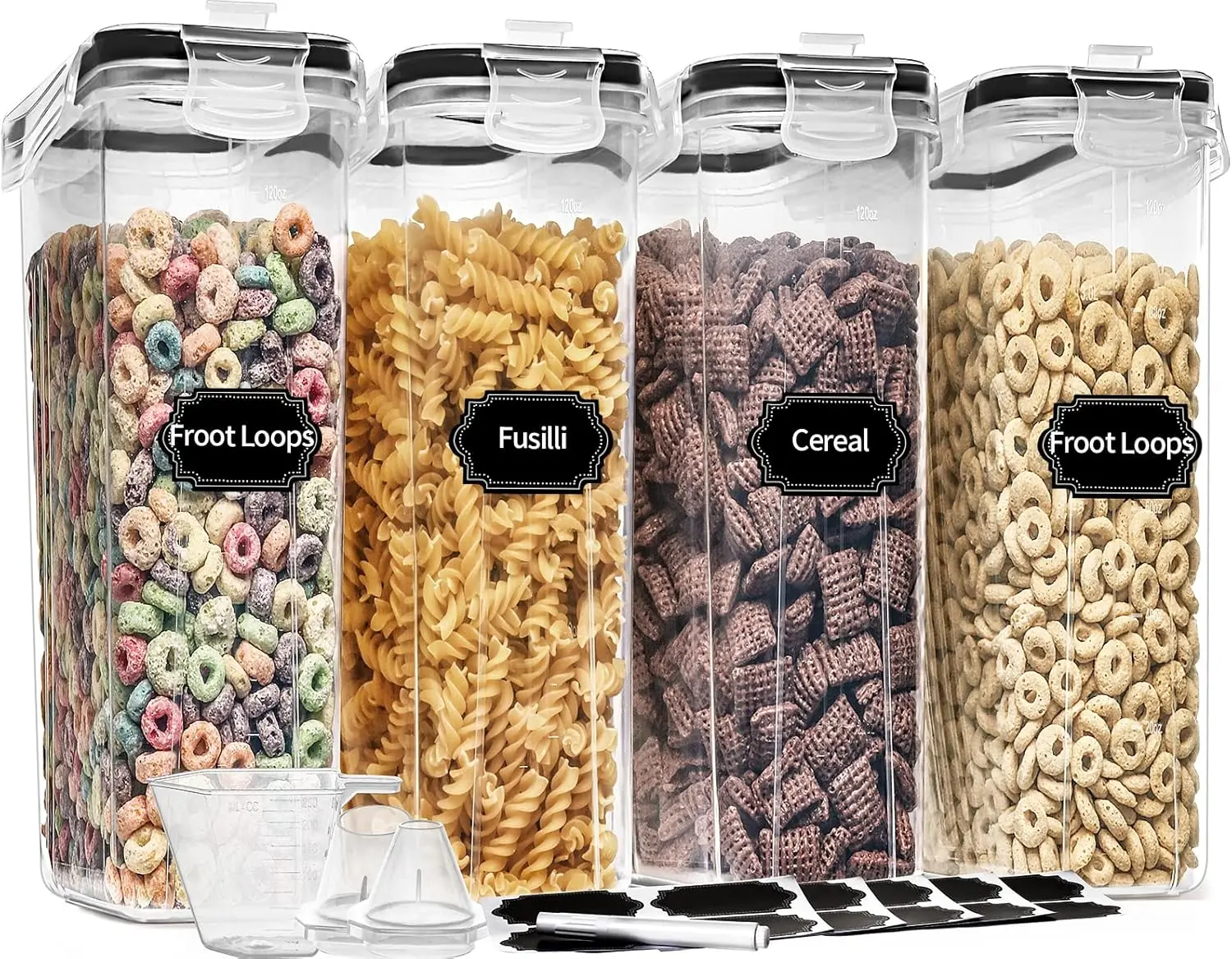 Cereal Containers Storage Set (4L,135.2 Oz), 4PCS Airtight Food Storage Containers with Pour Spout for Kitchen & Pantry Organization Cereal Dispensers with 20 labels, Measuring Cup & Marker