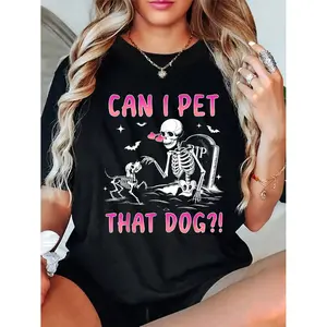 Women's Dog Lover Skeleton T-Shirt Funny Halloween Graphic Tee Soft Cotton Casual Short Sleeve Tops for Daily Wear Cute Pet Graphic Cotton Tee for Spooky Season LoversWear - Summer, Womenswear short sleeve