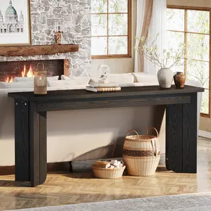 LITTLE TREE Farmhouse Console Table, 70.9-Inch Extra Long Console Table, Wood Sofa Table Behind Couch with Widened Tabletop & Sturdy Double Pedestal for Living Room, Hallway, Foyer (Black)