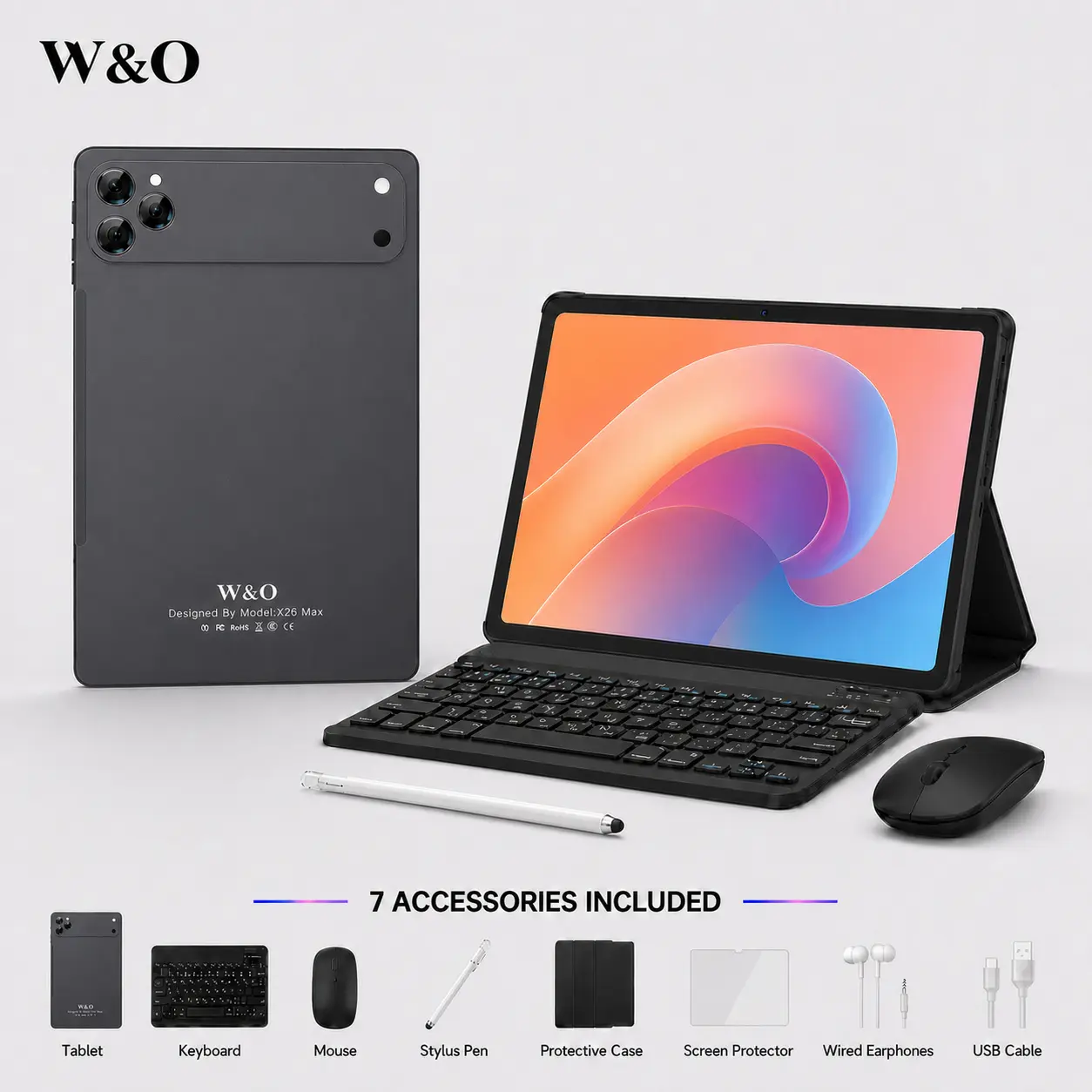 W&O 2026 Android 15 Tablet, 11-Inch Large HD Screen, 12GB RAM+256GB Expandable Storage, 10000mAh Long-Lasting Battery, 5G WiFi, Dual Camera, Tablet Bundle with Keyboard, Mouse, Stylus&Case, Portable Device for Work, Entertainment & Valentine’s Day Gift