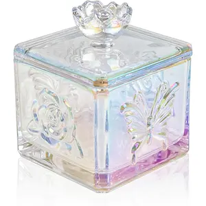 Cute Glass Candy Jar with Lid, Iridescent Colored Glass Candy Jar for Office Desk,Colorful Candy Dishes for Candy Buffet, Cookie Jar 4.5" Tall