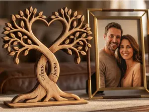 Personalized Couple Heart Tree Wooden Block, Custom Names Anniversary Gift for Wife Husband, Wedding Date Keepsake, Engraved Wooden Plaque