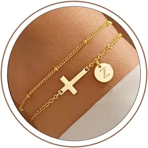 Easter Basket Stuffers - Easter Gifts for Kids Women, Layered Initial Cross Bracelets for Women Teen Girls 14K-Gold-Plated Dainty Disc Letter A-Z Cross Bracelet Baptism Christian Gifts