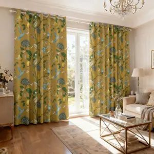 Yellow Floral Blackout Curtains Window Curtain 84 inch Long for Living Room Vintage Mid Century Style Lemon Hummingbird Patterned Room Darkening Privacy Drapes Grommet Bedroom Dining Room-2panels