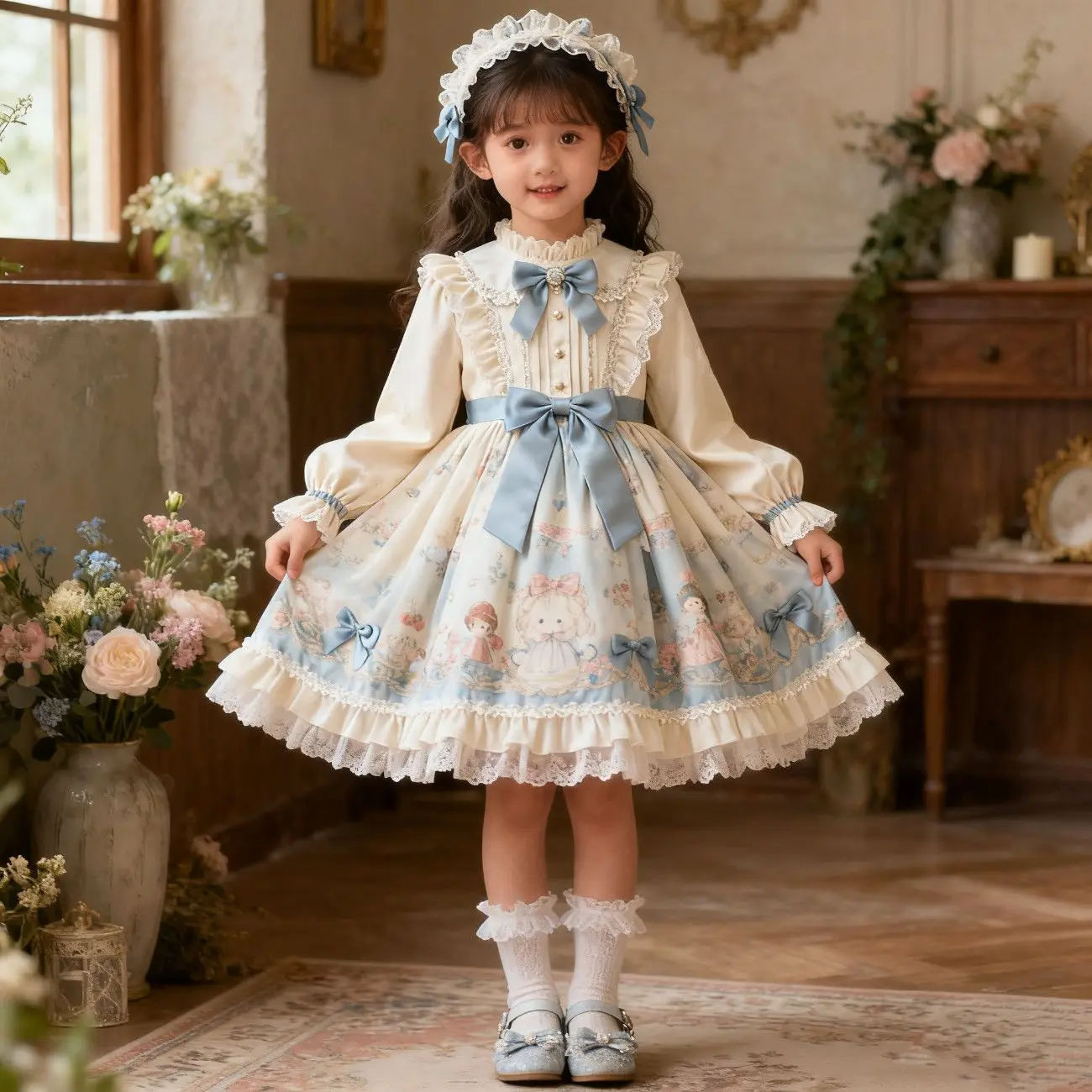 Girls' French-Style Long-Sleeve Midi Dress - Vintage Graphic Prints, Lace Trim, Soft Polyester, Fluffy Princess Design, Crew Neck, Ruffled Cuffs, Bow Accent - Suitable for Birthdays, Casual Wear, Photoshoots - Single Piece