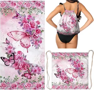 Pink Butterfly Beach Towel Bag - Summer Multi-Functional Microfiber Picnic Blanket Flower Printed Drawstring Bag for Travel