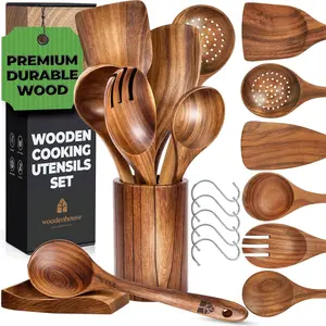 Utensil Set 8 Pcs – Sturdy & Easy to Clean, Natural Teak Wooden Spoons for Cooking – Non-Scratch Cooking Utensils with Spatula, Turner, Ladle, Spoons, Skimmer, Holder, Spoon Rest & 6 Hooks