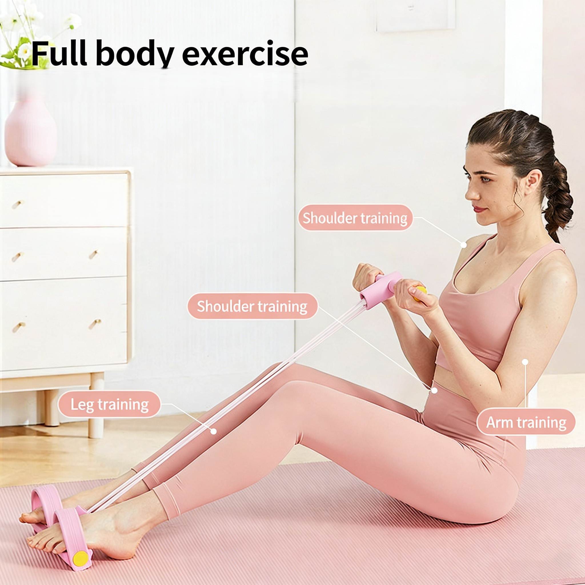2-in-1 Women Home Fitness Kit: Figure 8 Yoga Puller & 6-Strand Abdominal Crunch Assist, Full Body Workout for Shoulders Back Core Legs, Home Gym Exercise for Core & Full Body