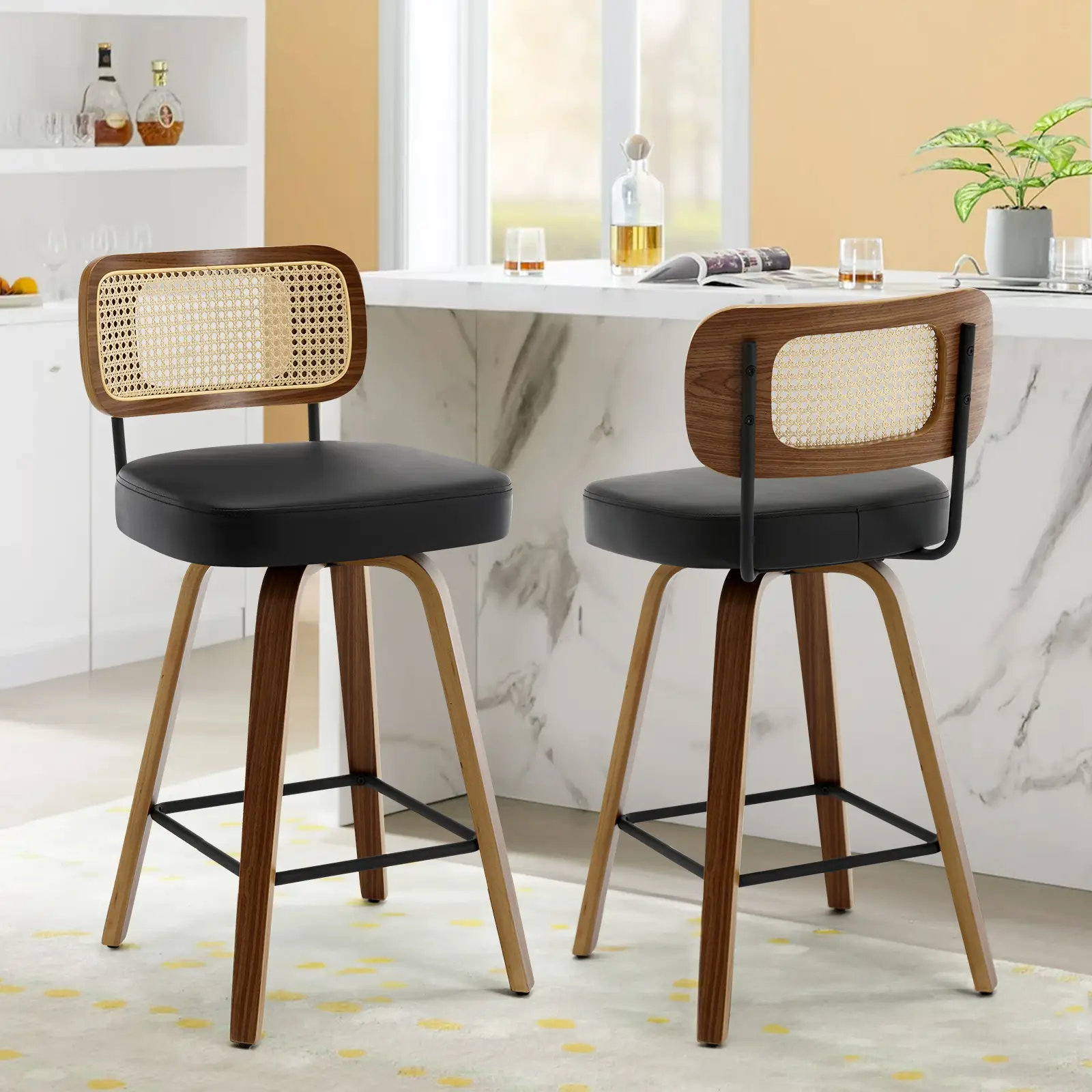 PU Leather Swivel Counter Height BarStool with Back and Bent Wood Legs, Lychee Grain Leather, Ergonomic Design for Kitchen Counter Chairs