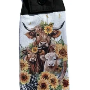 Hanging Towel with Fabric Quilted Topper Button Closure highland cows and sunflower Seasonal Decor