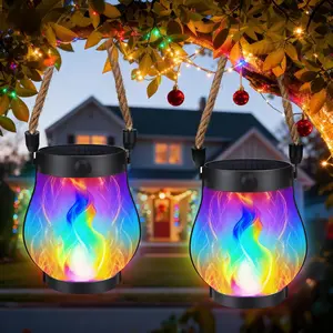 2 Pack Solar Lanterns Lights, Christmas Flickering Flame Garden Lights with 2 Modes Dual  USB & Solar, Outdoor   Lantern for Holiday Christmas Decor (Multicolor)