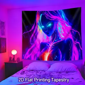 1pc Hippie Neon Girl Pattern Blacklight Tapestry Glow in the Dark Tapestries Fluorescent Printed Wall Hanging, Tapestry Wall Mural, for Bedroom Living Room Blue & Purple Art UV Reactive Wall Art For Home Decor Unique Gift Ideas Decoration Items