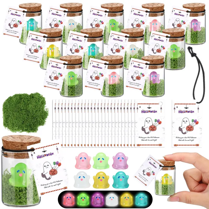 6/10/12/24/30 Sets Halloween Ghost Jar Adopt a Ghost Little Ghost with Cork Moss Card Miniature Bottle Halloween Gifts for Boys Girls Family Coworkers Students Halloween Decorations Party Gifts DIY Craft Cffice Desk Decor Goody Bags