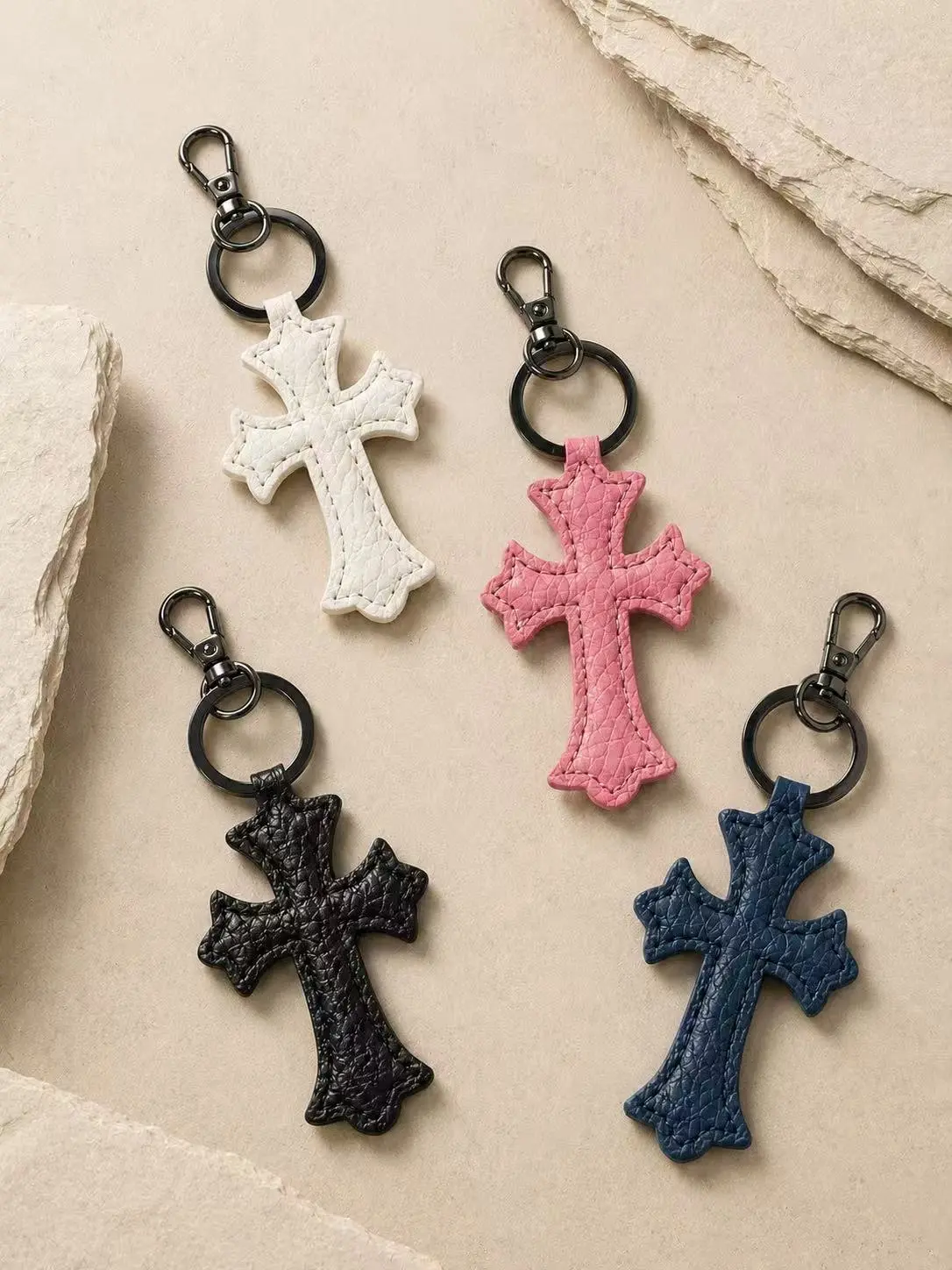 Elegant Leather Cross Purse Charm Silver Key Ring for Women