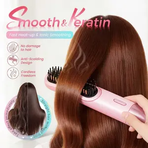 2PCS Brush Pro 2026 Hair Straightener Brush, Cordless Hair Straightener for Short or Long Hair, Portable Thermal Hair Comb for Travel, 4 Temps, Smooth & Shine Styling (Pink)