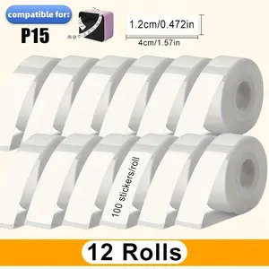 12 Rolls Self-Adhesive Labels, Continuous 12x40mm, 100 Sheets Per Roll, Compatible with P15 Model, Durable, Ideal for Office & Home