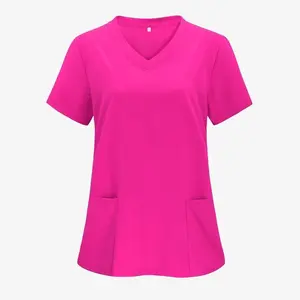 Energetic Solid Color V-Neck Fitted Scrub Top - Elegant Short Sleeve, with Patch Pocket, Machine Washable Nylon Fabric, Non-Stretch, No Print - Perfect for Medical Nurses and Women's Workwear
