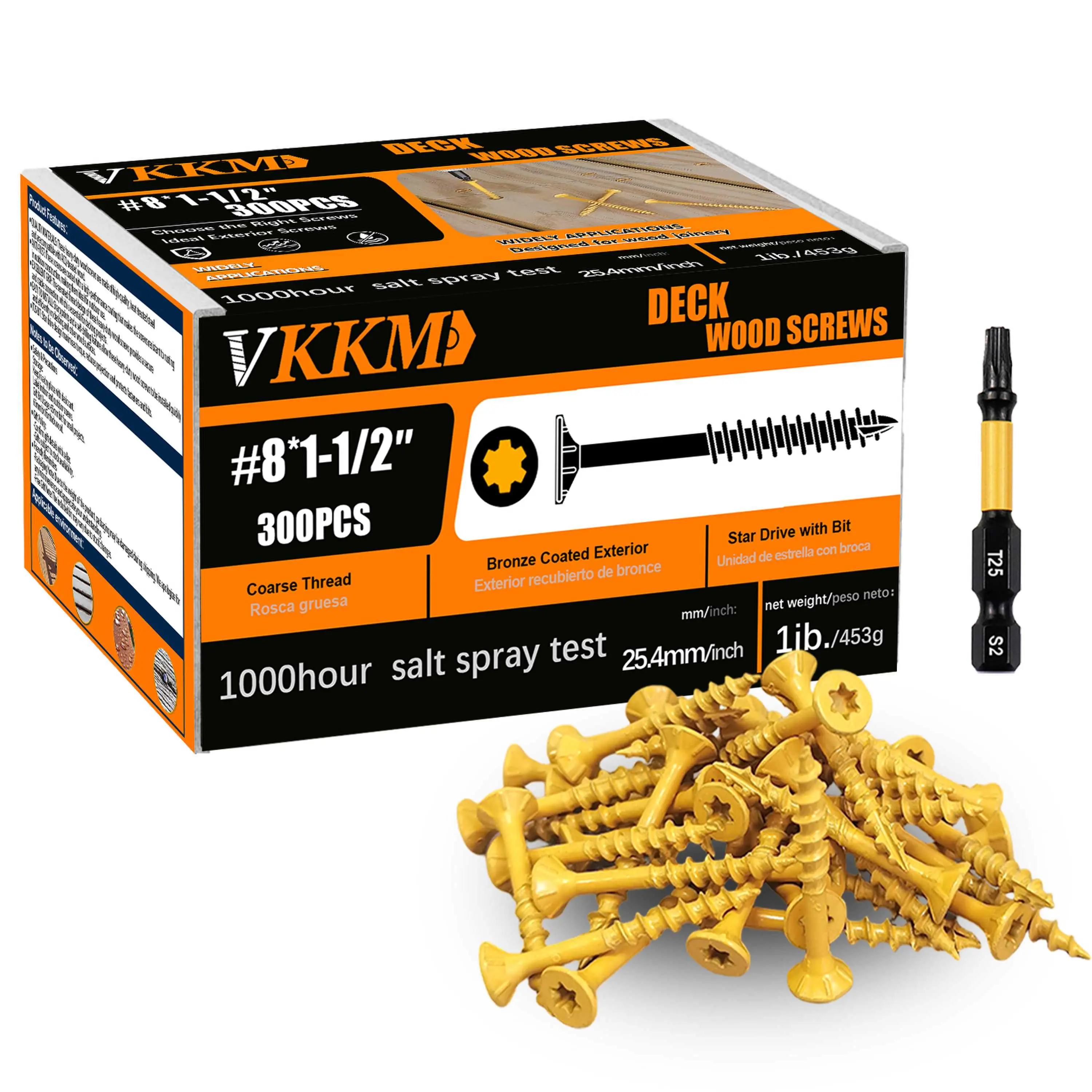 VKKM #8 x 1-1/2 in Carbon Steel Deck Wood Screws (300Pcs) with Free T25 Torx Star Drive Bit, Anti-Rust Yellow Coat Self-Tapping Exterior Fasteners for Deck Fencing, Furniture, DIY Enthusiasts