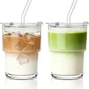 2/4-Piece Set: 13-Ounce Portable Glass Tumblers, Drinkware, Drink Containers, thick-walled glasses with lids and glass straws, ideal for iced coffee, tea, milk, hot and cold beverages, perfect for travel