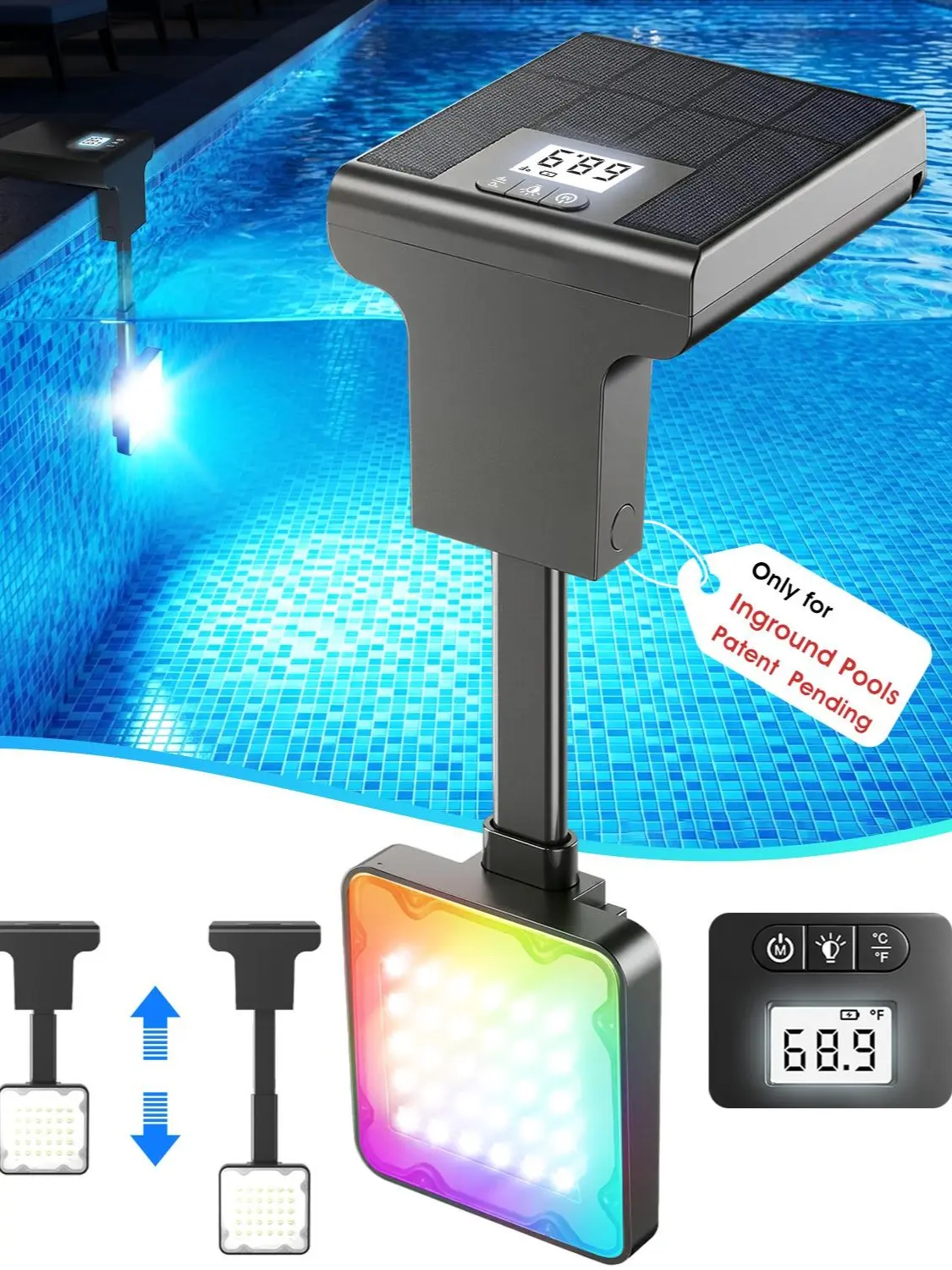 Solar Pool Lights for Inground Pools,Upgraded Solar Lights with LCD Pool Thermometer, Underwater Submersible Led Light for Pool Accessories, Swimming Pool Lighting with 10 Light Modes, 1PC sohochic