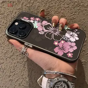 Pink Elegant Hawaiian Flower Pattern Fit TPU for iPhone16PROMAX Phone Case Samsung Galaxy, S22FE, S23, S24, S22PLUS.S23ULTRA.S23ULTR, iPhone16, 15 14 13 12 11 Pro Max X XSMAX 8 7 Plus.SE2 Silicone Anti-Drop Color Silver, Acrylic Protective Case High Value