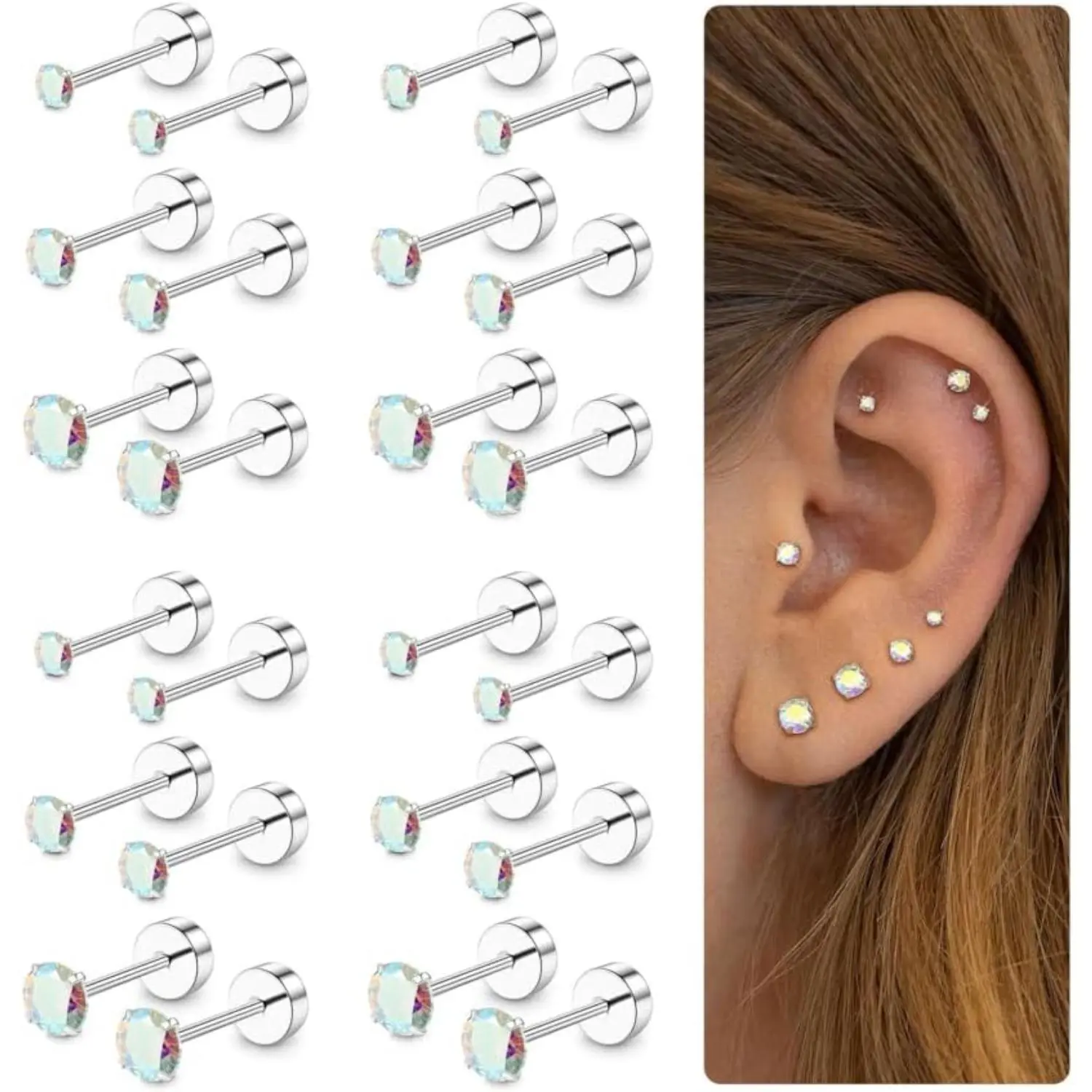 YADOCA 12Pairs 20G Stainless Steel CZ Stud Earrings for Women Men Cartilage Helix Earrings Set Round Cubic Zirconia Screw Flat Back Stud Piercing