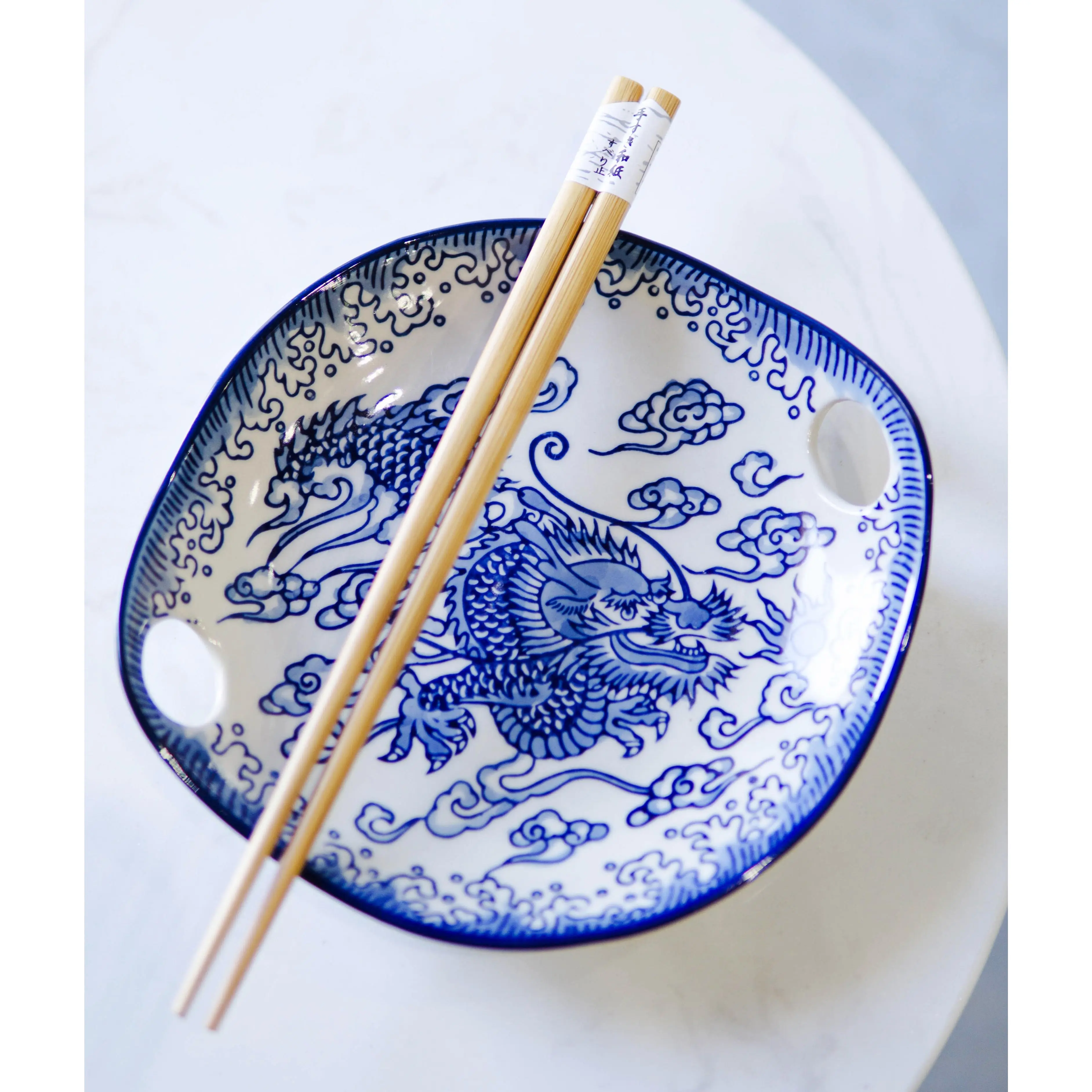 Blue Feng Shui Dragon Small Appetizer Coupe Plate Flat Bowl With Chopsticks Set
