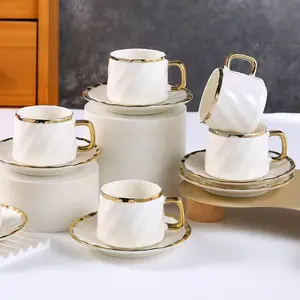Coffee Cup Set of 6 with Saucers, 3.5 OZ Ceramic Espresso Cups, Deco Turkish Coffee Cup Gift for Cappuccino, Latte, Cafe Mocha and Tea, Dishwasher & Microwave Safe (Gold Trim)