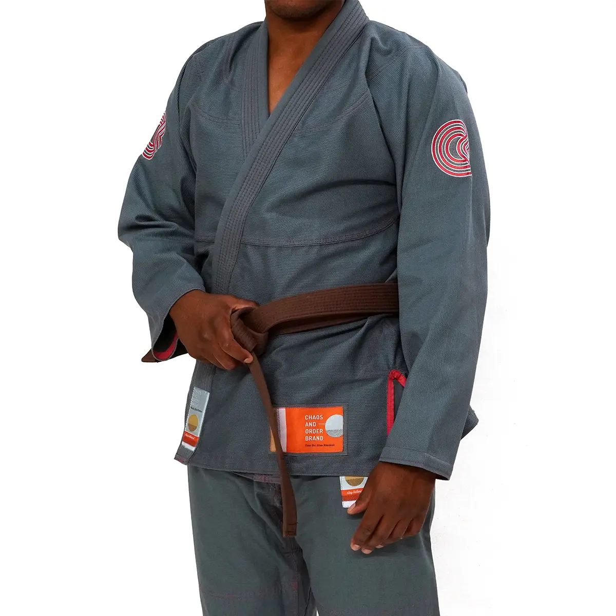 Brazilian Jiu-Jitsu Kimono - Gray, Minimalist Chaos & Order Elements, Custom Embroidery, High-Quality Lightweight Pearl Weave, 350 gsm Sports Jacket, 12 oz. Ripstop Pants, Elastic Drawcord Professional Sports Clothing, 350 Gsm Jacket