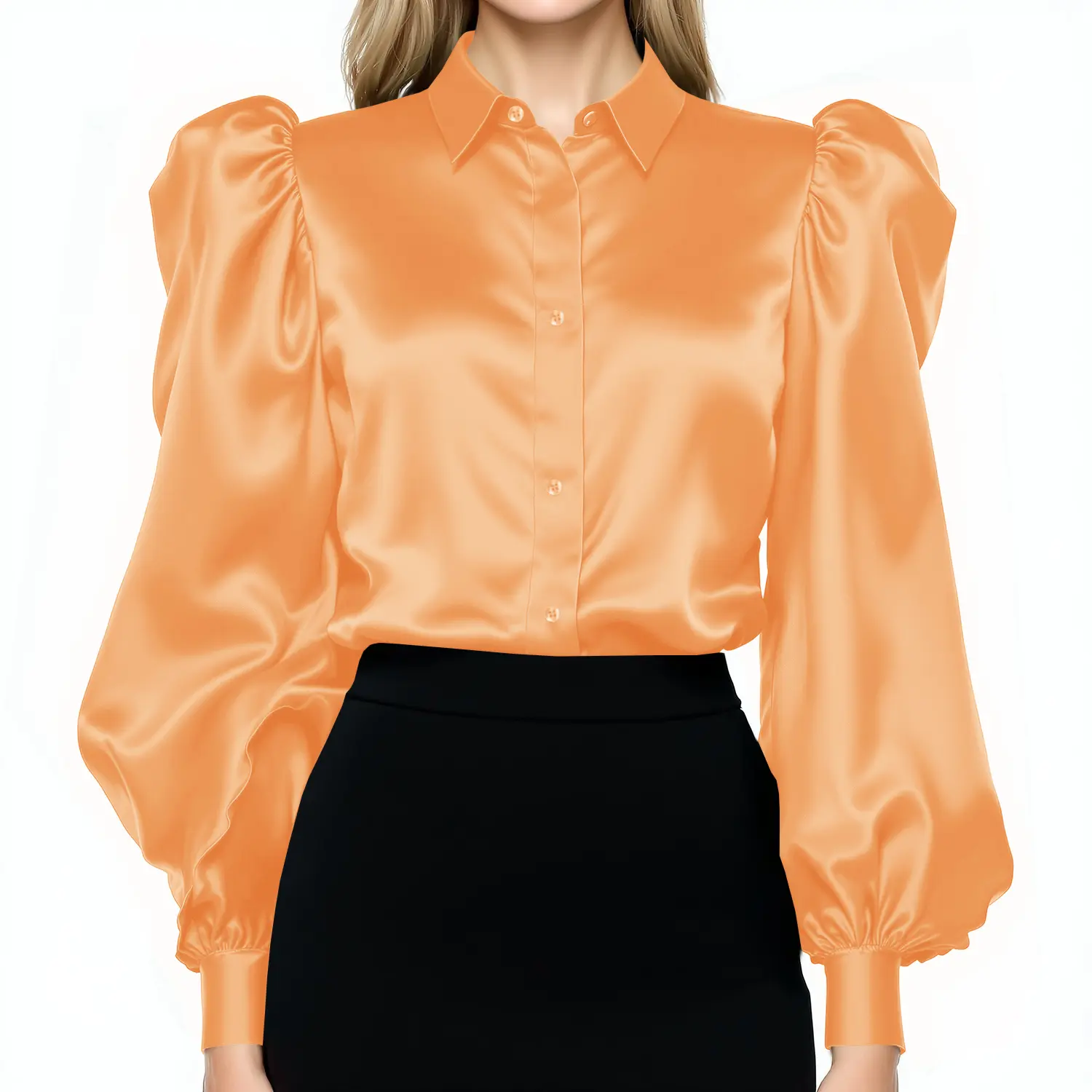 Coral - Women Satin Puff Long Sleeve Blouse Button Down Shirt Casual Party Work Wear Ladies Elegant Blouse