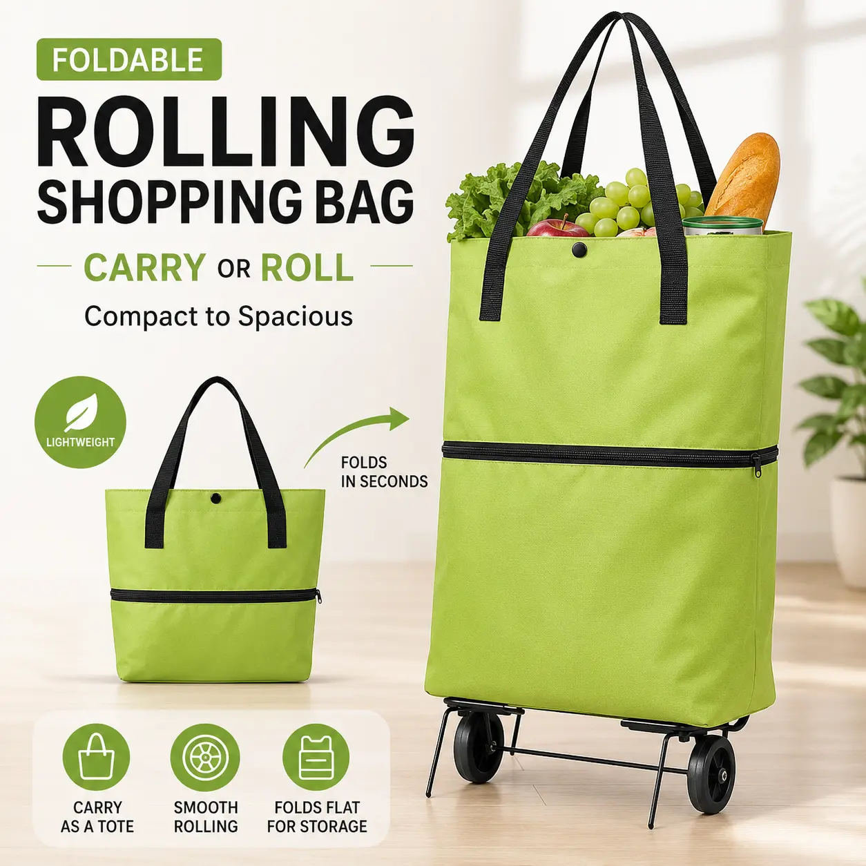 10x18-inch foldable wheeled shopping bag featuring a lightweight, reusable design with handles and wheels; suitable for grocery shopping, travel, laundry storage, and daily commuting.