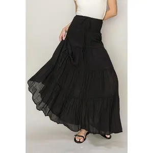 D-Drawstring Waist Tiered Maxi Skirt