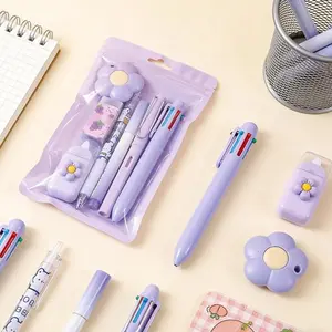 7-Piece Kawaii Pink Stationery Set: Ballpoint Pens, Highlighter, Sharpener, Correction Tape, Ruler & Utility Knife