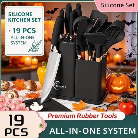 19pcs nonstick cookwareset-equipped withadeep soup spoon,pasta server,serrated blade,compact bladeholder to save space, high usage kitchen suppliesergonomic including chef's knife,fruit knife,bone chopper,scissors,men's Halloween,Christmas &New Year gifts