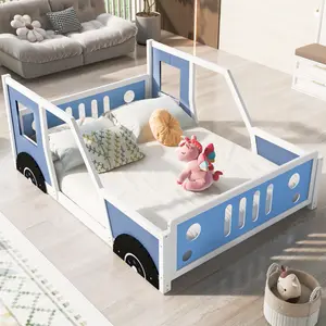 Blue Classic Car-Shaped Full Size Platform Bed with Wheelsbed frame