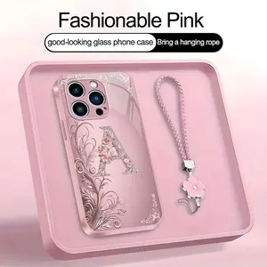 Suitable for [iPhone 13 Pro Max] high-end women's phone case🤩，a beautiful four-leaf clover lanyard is included🍀，Exquisite floral print, non-3D rhinestones, 26 letters to choose from YM99