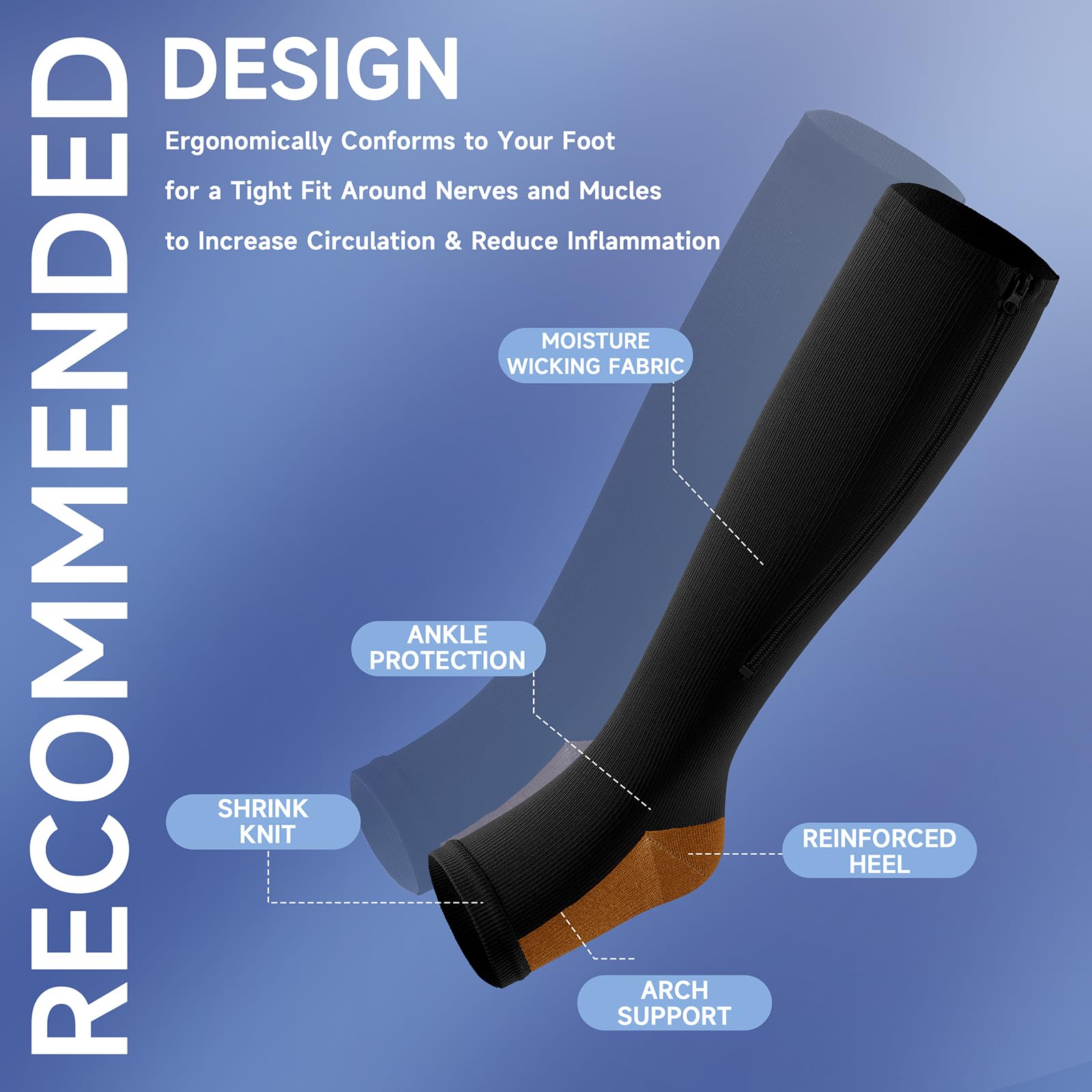 3 Pairs Zipper Compression Socks Open Toe Calf Knee High Socks with Zipper Calf Knee High 15-20mmHg Open Toe Compression Stocking Slim Leggings Stretch Socks Walking Running Compression Stocking for Men Women