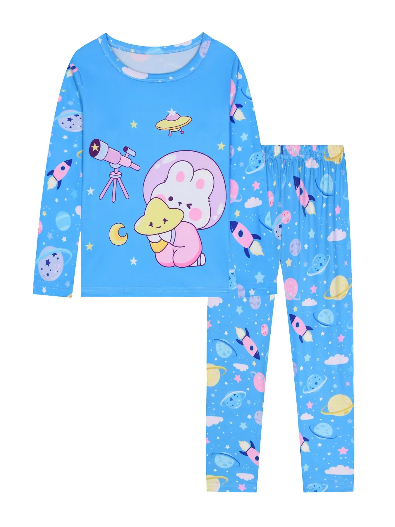 Girls' 2-Piece Rabbit Print Pajama Set with Space Theme, Long Sleeve Top and Pants for Autumn Homewear, Cozy Sleepwear for Children