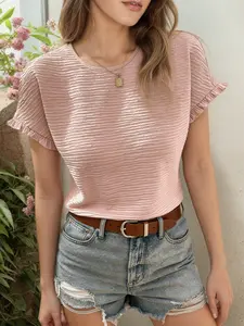 Women's Round Neck Ruffle Short Sleeve Top, Ladies Textured Fabric T-Shirt, Casual Summer Fashion, Comfortable and Stylish, Fit, Basic