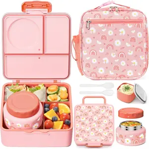 Bento lunch Box Set for Kids Adult with 8oz Thermos Food Jar, Insulated Lunch Bag &Sauce Cup, Leakproof Dishwasher Safe Toddler Lunch Food Container with 3-4 Compartment for School Girls Boys