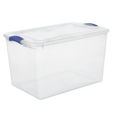 Sterilite 66 Quart Latch Box, Clear Plastic Storage Bin with Lid, Blue Accents, Secure Lid & Stacking Feature for Various Uses