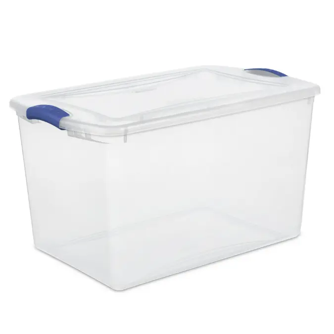 Sterilite 66 Quart Latch Box, Clear Plastic Storage Bin with Lid, Blue Accents, Secure Lid & Stacking Feature for Various Uses