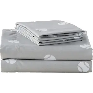 Chezmoi Collection 4-Piece Kids/Teens Sports Sheet Set - Soft Microfiber Gray White Baseball, Full Size