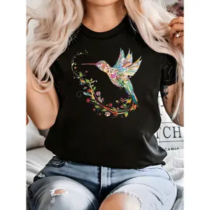 Women's Short Sleeve Crew Neck T-Shirt with Hummingbird Print 100% Cotton Casual Spring Fashion Top Womenswear Streetwear Black Crewneck Shortsleeve