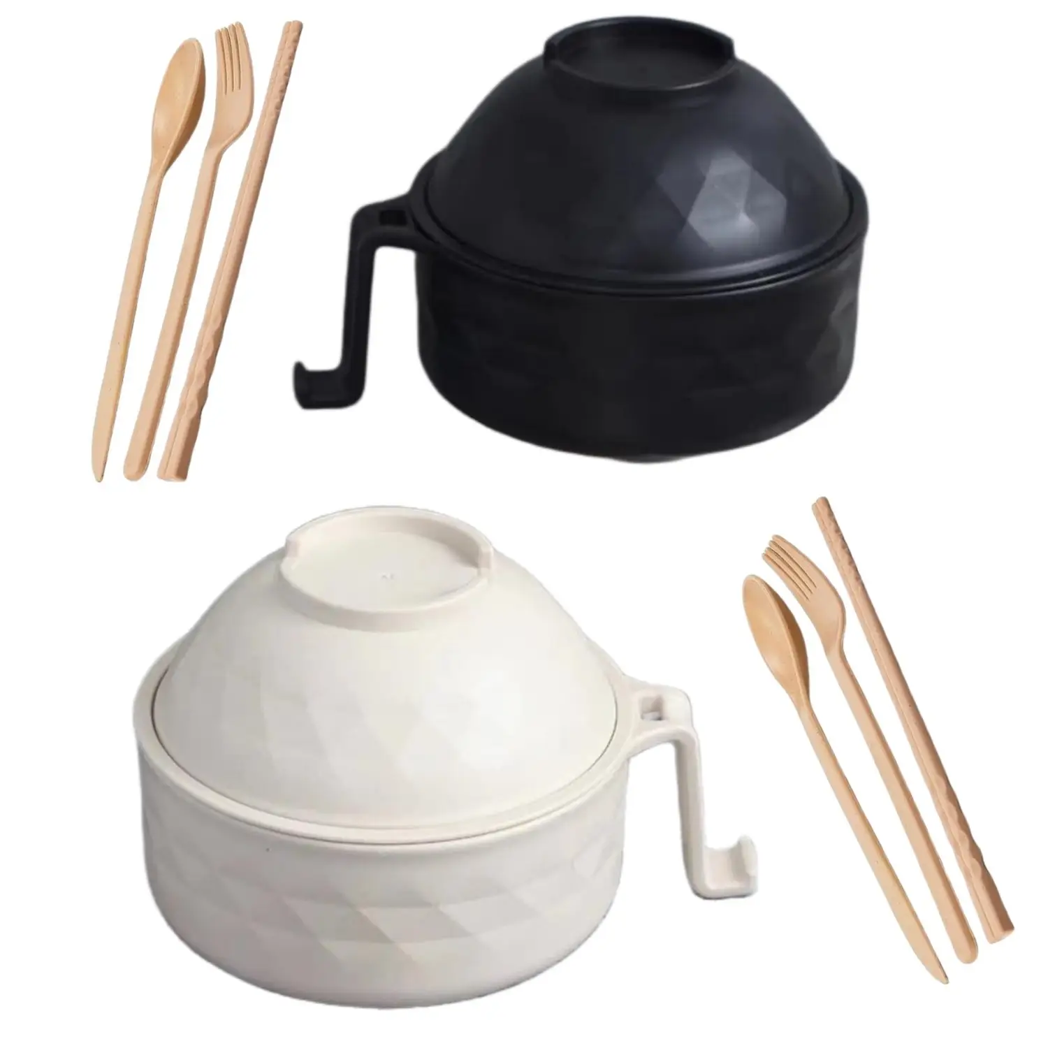 MIUVA Ramen Bowl Set, 2 Instant Noodle Bowl and Cutlery Set, Microwave Safe Ramen Bowl with Fork, Spoon, Chopsticks, Summer Drainer Bowl for Family Ca