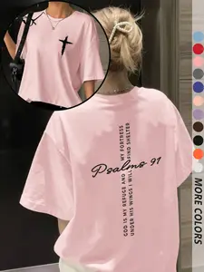 God Is My Refuge Psalm 91 Christian Text T-Shirt, Blessing Thankful Top, Jesus Loves You Round Neck, Everyday Casual Loose-Fitting Short Sleeve