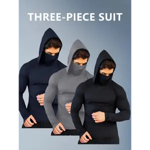 3pcs Men'S Quick-Dry Windproof Hooded Sweatshirts with Face Mask Set - Lightweight High Stretch Compression Sportswear for Outdoor Activities, Running & Fitness, Polyester 94%, Elastane 6%, Knit Fabric, Skinny Fit, Solid Color, Four Seasons